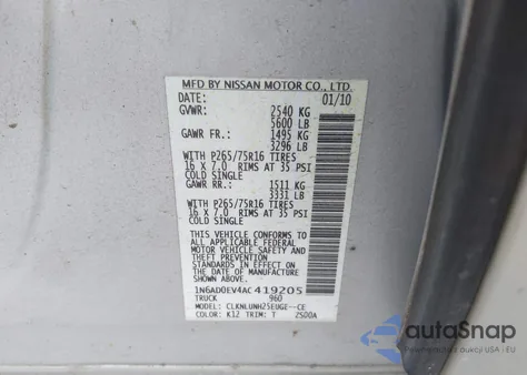 2010 Nissan Frontier Pro-4X z USA, uszkodzony, nr VIN 1N6AD0EV4AC419205